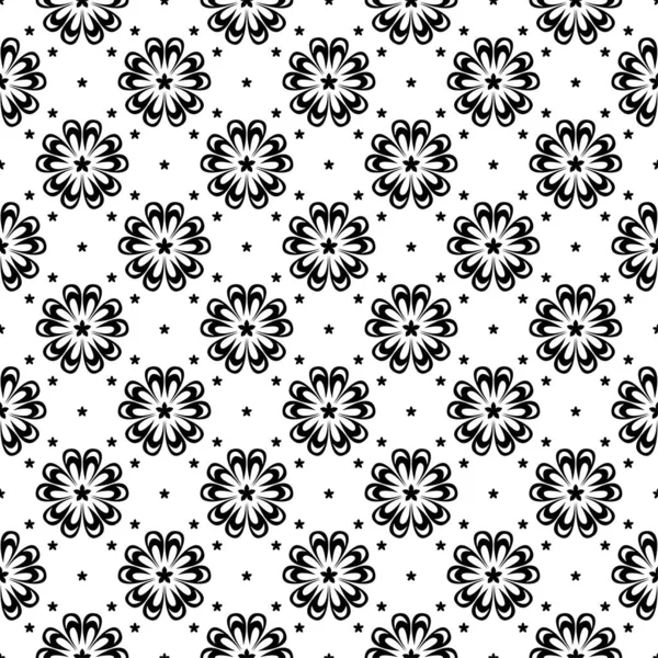 白地に黒の花柄のデザイン テキスタイルや壁紙のためのシームレスなパターン — ストックベクタ