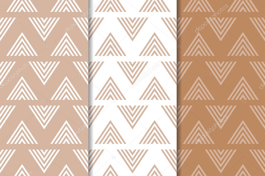 Brown and white geometric seamless patterns for web, textile and wallpapers