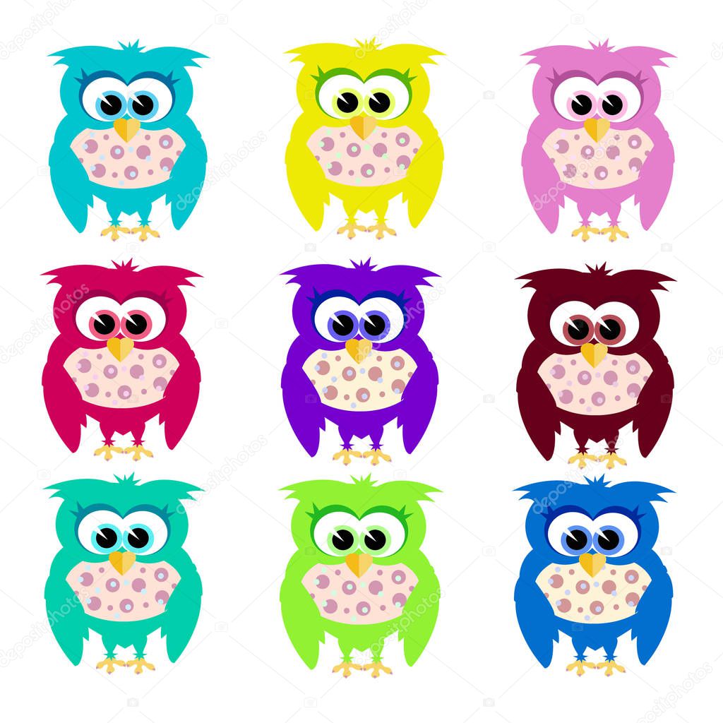 nine colorful owls on a white background