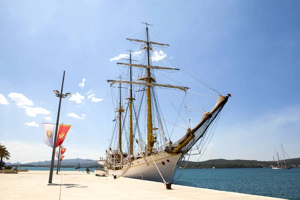 Tivat Montenegro 2017 Vintage Sailing Ship Moored Pier — Stock Photo, Image