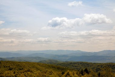 Panoramic Aerial View of Green Meadow with Sky and Mountain Horizon
