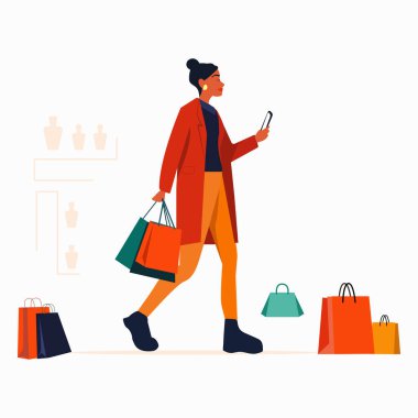 Uyumlu oda vektör illüstrasyonu, moda mağazasında kıyafet seçen kadın müşteri, soyunma odasında ve aynanın önünde deniyorlar, ve kıyafet vektörü setiyle asılıyorlar.