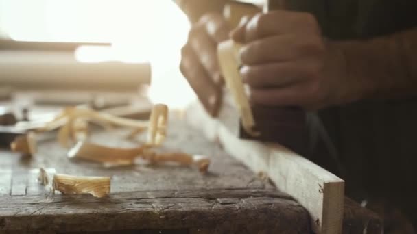 Professionell Skickliga Snickare Hyvling Trä Med Hyvel Snickeri Och Hantverk — Stockvideo