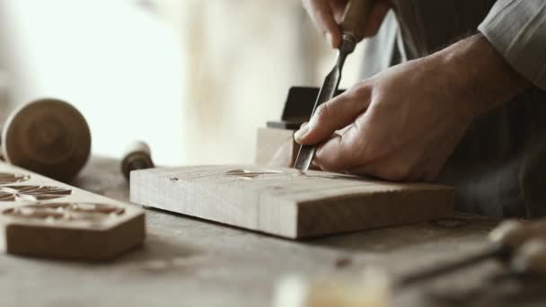Professionele Timmerman Werken Zijn Atelier Carving Hout Met Behulp Van — Stockvideo