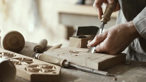 Carpinteiro Profissional Trabalhando Sua Oficina Escultura Madeira Usando Conceito Goivagem — Vídeo de Stock