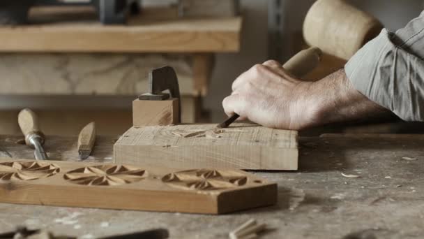 Professioneller Tischler Bei Der Arbeit Schnitzt Holz Mit Hammer Und — Stockvideo