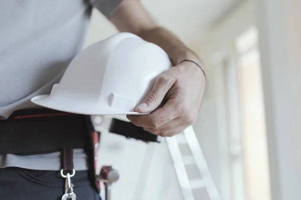 Professional Construction Engineer Holding Safety Helmet Home Renovation Architecture Concept — Stock Photo, Image