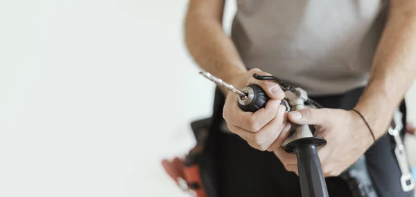 Professional Handyman Changing Drill Bit Home Renovation Manual Work Concept — Stock Photo, Image