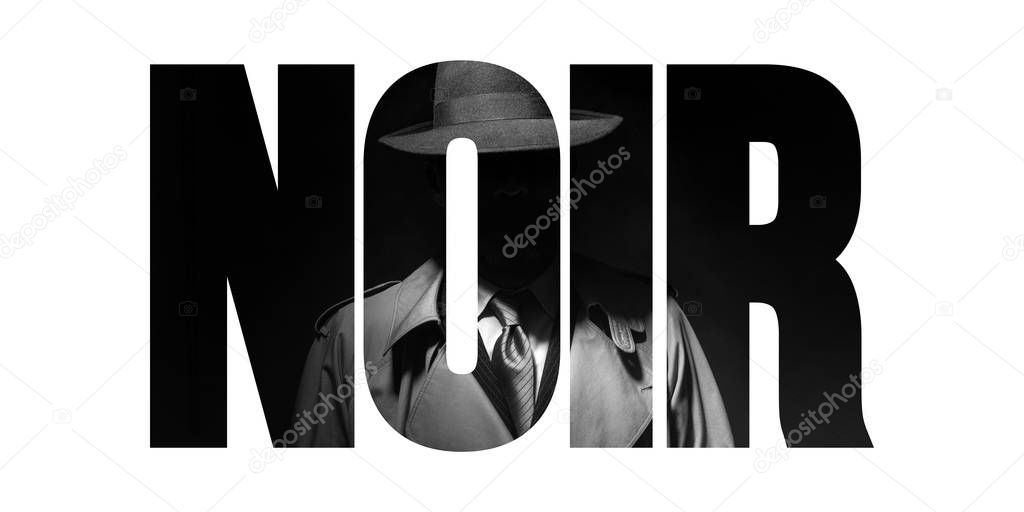 Noir film concept and vintage detective character: agent with trench coat and cut out text