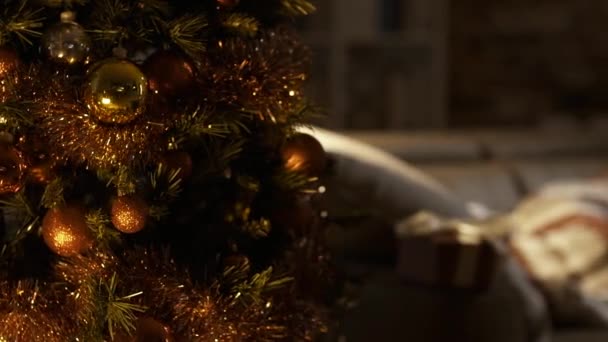 Niño Lindo Durmiendo Sofá Casa Junto Árbol Navidad Está Esperando — Vídeos de Stock