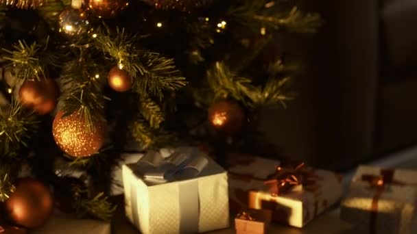 Kanepede Evde Noel Ağacının Yanındaki Uyuyan Sevimli Çocuk Noel Arifesinde — Stok video