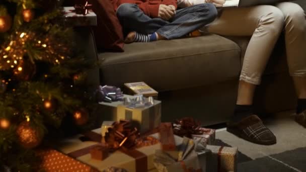 Joyeux Jeune Mère Son Fils Achetant Des Cadeaux Noël Ligne — Video