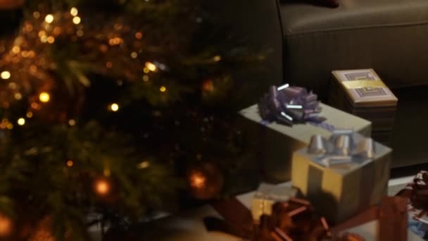幸せな若い母親と息子でオンラインのクリスマス プレゼントを買ってホーム ラップトップおよびクレジット カードを使用して 休日やショッピングのコンセプト — ストック動画