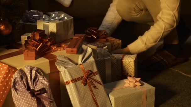 Cute Boy Falling Asleep Sofa While Waiting Santa His Mother — Stock Video