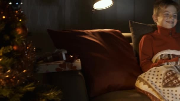 Mãe Feliz Menino Assistindo Filmes Juntos Véspera Natal Eles Estão — Vídeo de Stock