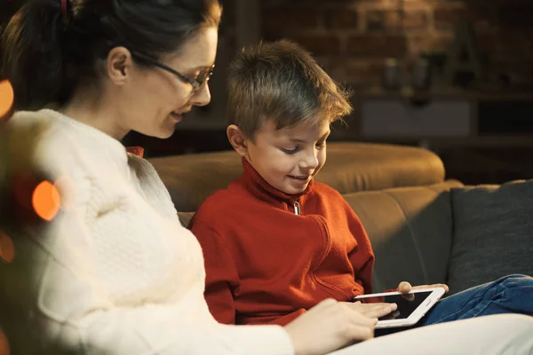 Happy Boy Connecting Online Using Digital Tablet His Mother Sitting — Stock Photo, Image