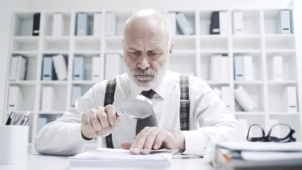 Senior Business Executive Working Office Checking Carefully Contract Using Magnifier — Stock Video