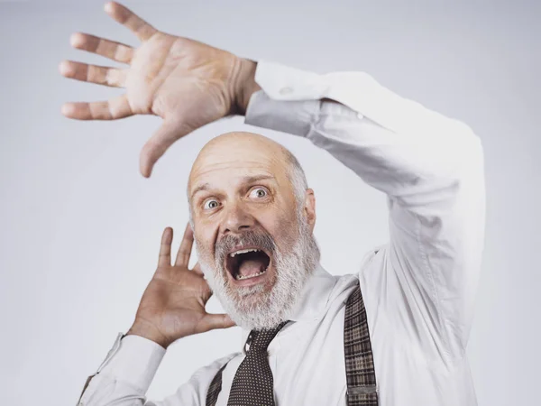 Terrified Panicked Senior Man Shouting Out Loud Hands Raised — Stock Photo, Image