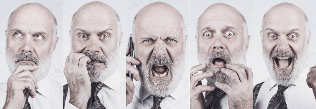 Collection of portraits of a mature business man with different expressions and moods