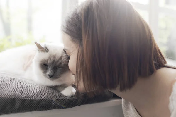 Jeune Femme Caressant Son Beau Chat Maison Côté Une Fenêtre — Photo