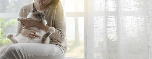 Wanita Duduk Jendela Dan Memeluk Nya Indah Birman Kucing Hewan — Stok Foto