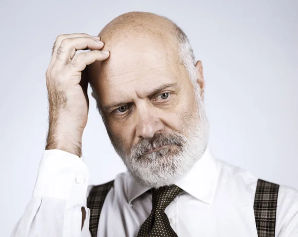 Pensive Senior Man Scratching His Head Puzzled Confused — Stock Photo, Image