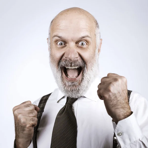 Cheerful Successful Senior Businessman Winning Celebrating His Achievement Raised Fists — Stock Photo, Image