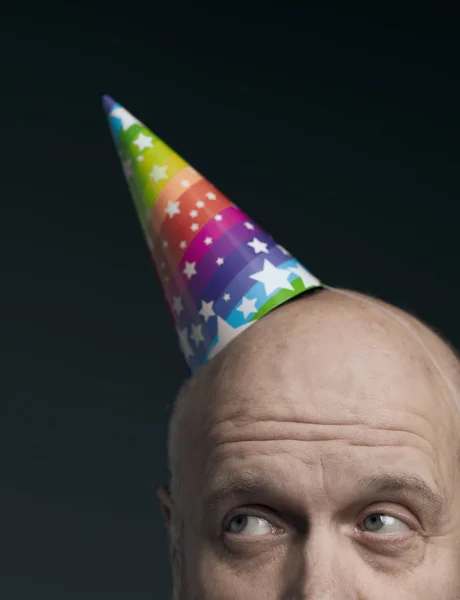 Homme Chauve Âgé Drôle Portant Chapeau Fête Coloré Recherche Gros — Photo