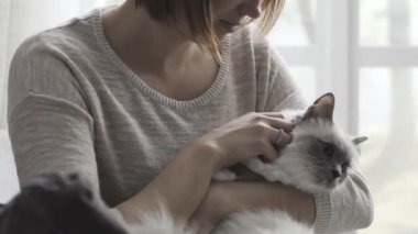 Holding ve onu güzel kedi onun kucağına sarılma kadın