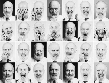 Olgun bir işadamı farklı ifadeler ve ruh halleri, resimleri mozaik ile portre koleksiyonu