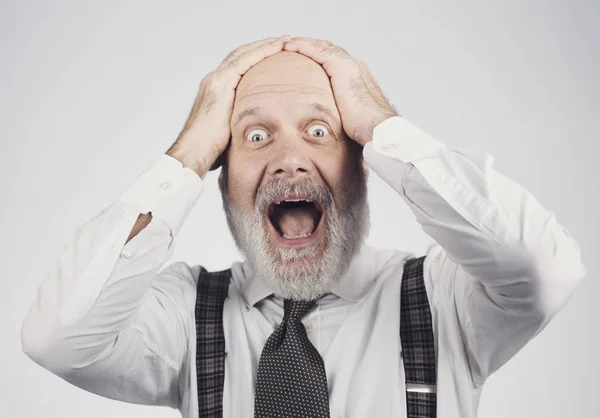 Cheerful Excited Senior Businessman Winning Celebrating His Achievement Head Hands — Stock Photo, Image