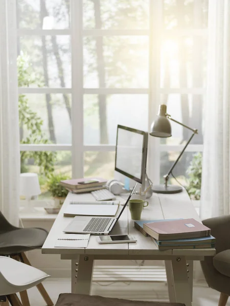 Modern Student Room Desk Computer Window Background — Stock Photo, Image