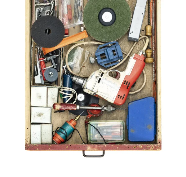 Viejo hazlo tú mismo herramientas de trabajo en un cajón — Foto de Stock