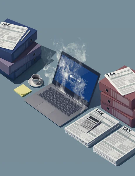 Overheating computer and piles of tax forms — Stock Photo, Image