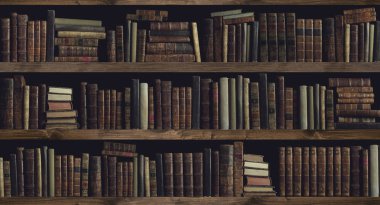 Bir kitaplık üzerinde değerli antik kitap koleksiyonu