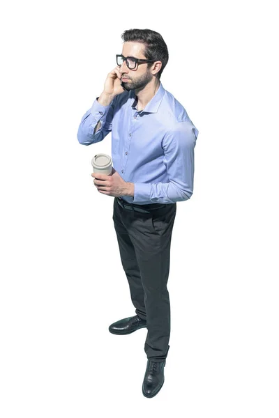 男人正在喝咖啡，在电话上交谈 — 图库照片