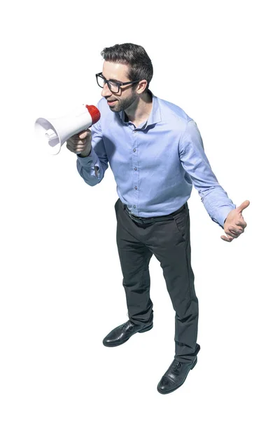 Un hombre seguro hablando con un megáfono — Foto de Stock