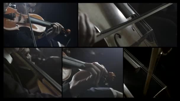 Symfonický orchestr hrající na scéně video fotomontáž — Stock video