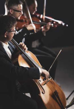 Senfonik orkestra sahnede performans sergiliyor