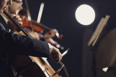Senfonik orkestra sahnede performans sergiliyor