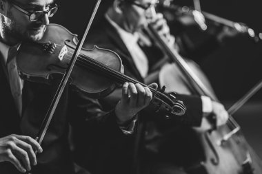 Senfonik yaylı çalgılar orkestrası sahnede performans sergiliyor