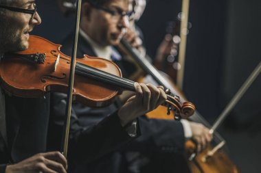 Senfonik yaylı çalgılar orkestrası sahnede performans sergiliyor