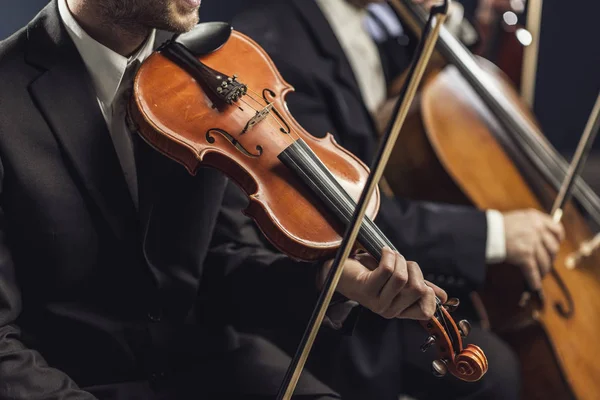 Symfonisch strijkorkest dat op het podium presteert — Stockfoto