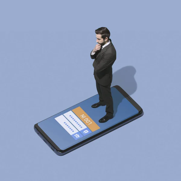 Affärsman logga in i en mobilapp — Stockfoto