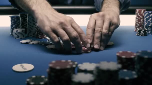 Успешный игрок кладет фишки на покерный стол — стоковое видео