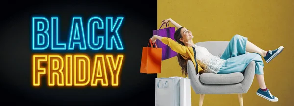 Black friday advertisement with cheerful shopping girl — Stock Photo, Image