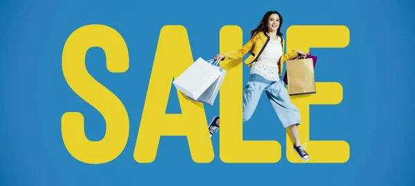 Promotional sale banner with cheerful girl — Stock Photo, Image