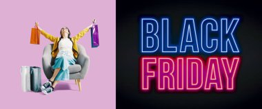 Neşeli alışveriş kız ile Black friday reklam