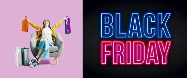 Black Friday anúncio com menina de compras alegres — Fotografia de Stock