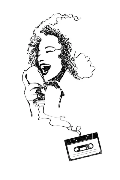 Cinta de cassette vintage y mujer cantando — Foto de Stock